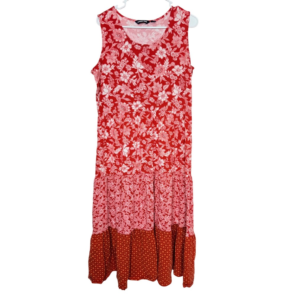 Lands End Womens Large Petite Red Floral Patchwork Tiered Midi Dress L/P 14-16